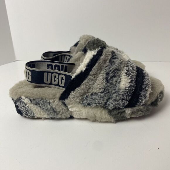 UGG Shoes - UGG Womens Size 8 Fluff Yeah‎ Slide Cali Collage Backstrap Gray Shearling Logo
